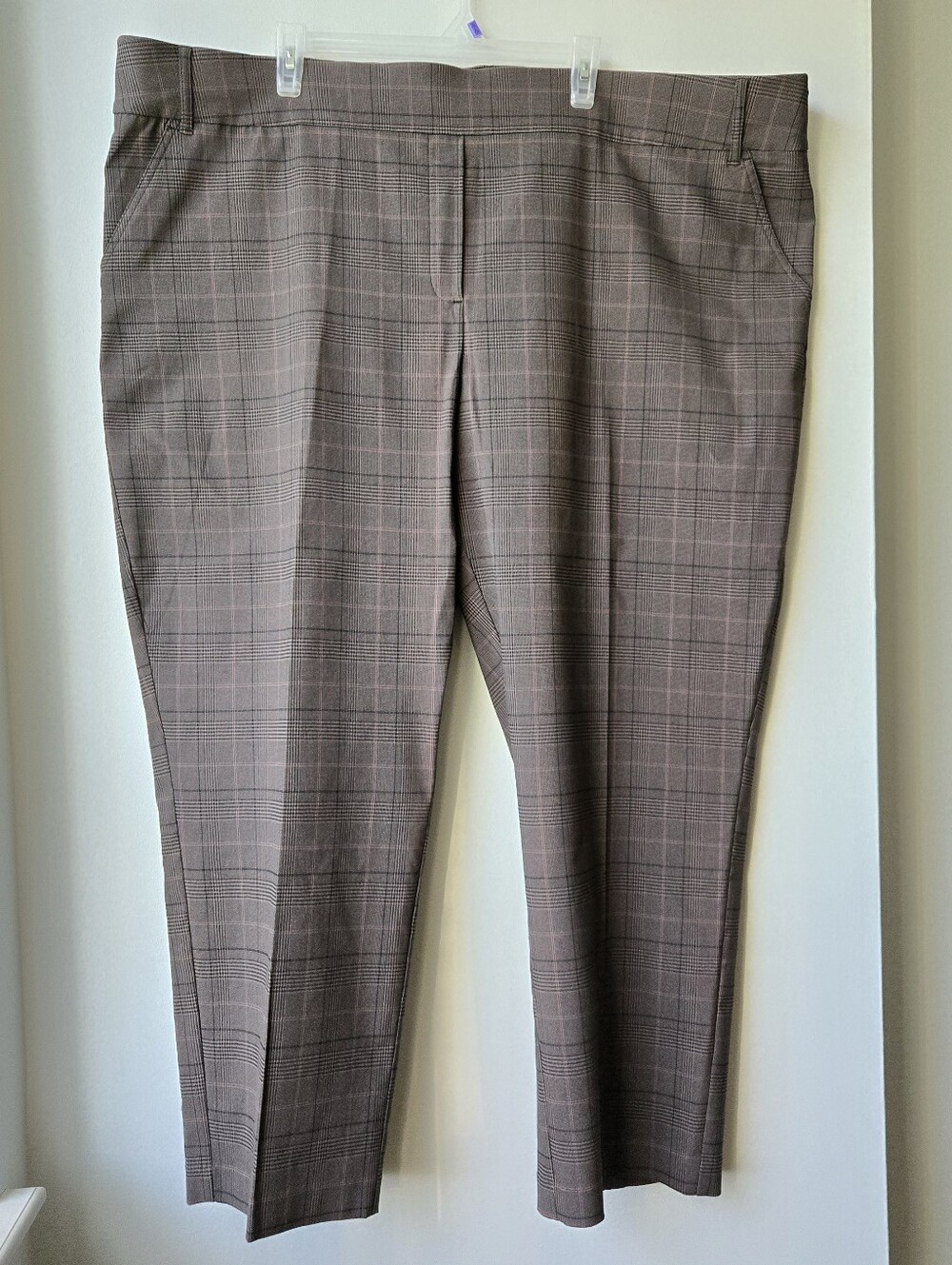 Womens Pants 30P/3XL Womens Brown Plaid   Stretch Straight Pull-On Office Career